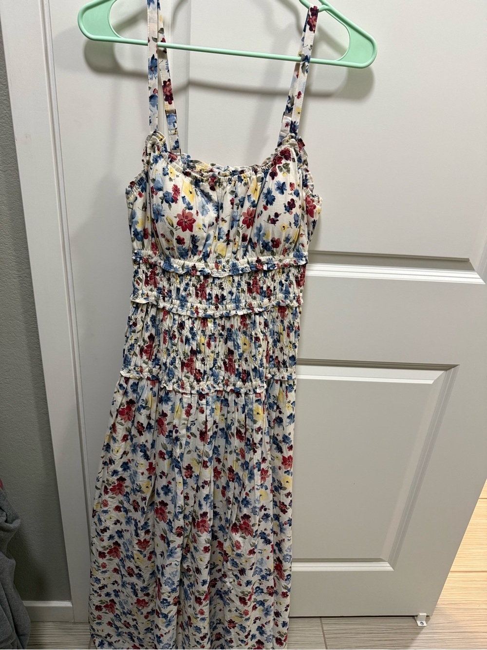 Abercrombie & Fitch White Floral Smocked Maxi Dress with Red & Blue Flowers